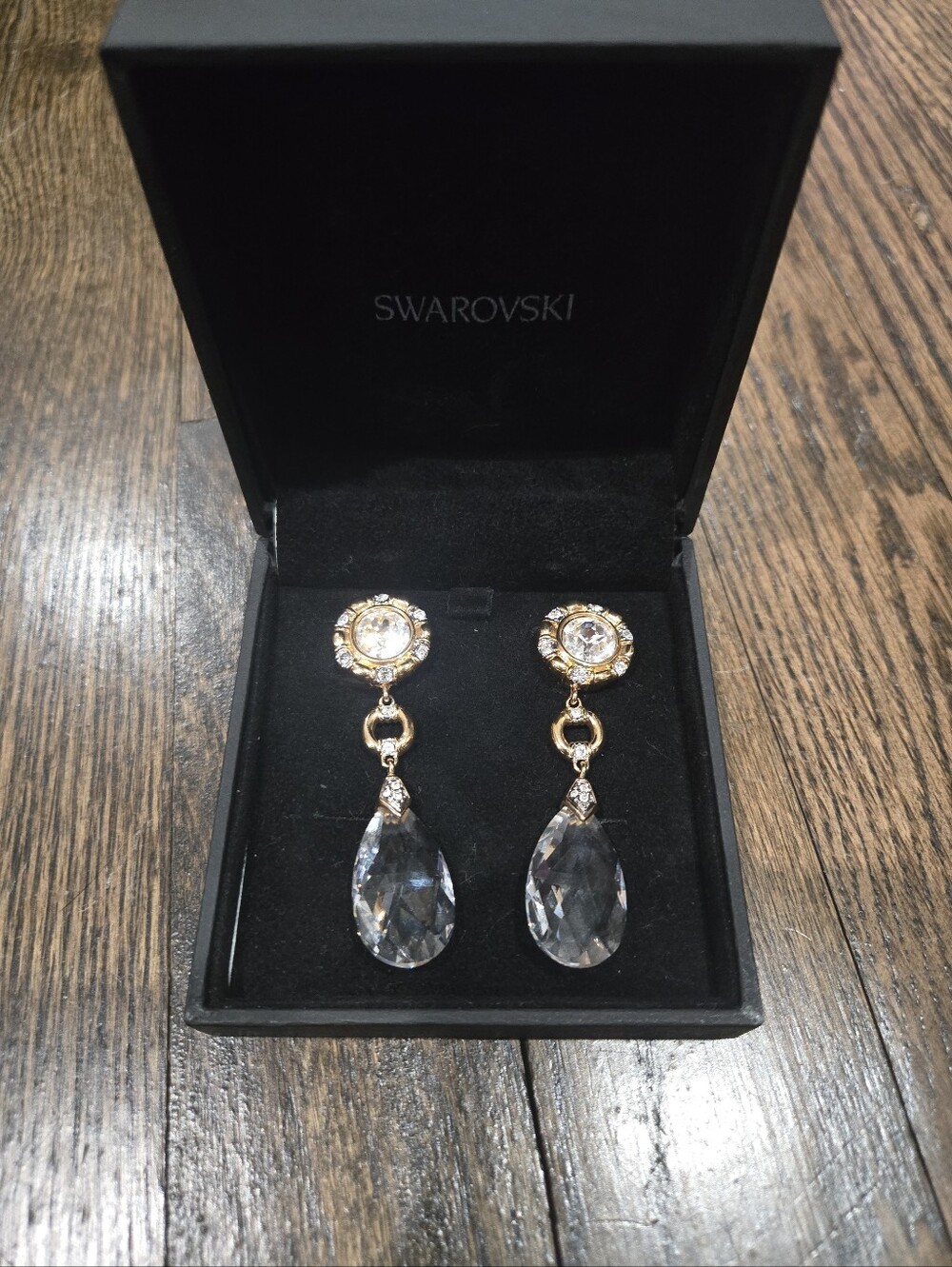 Swarovski Crystal drop earrings Clip On Gold Tone clear Signed swan